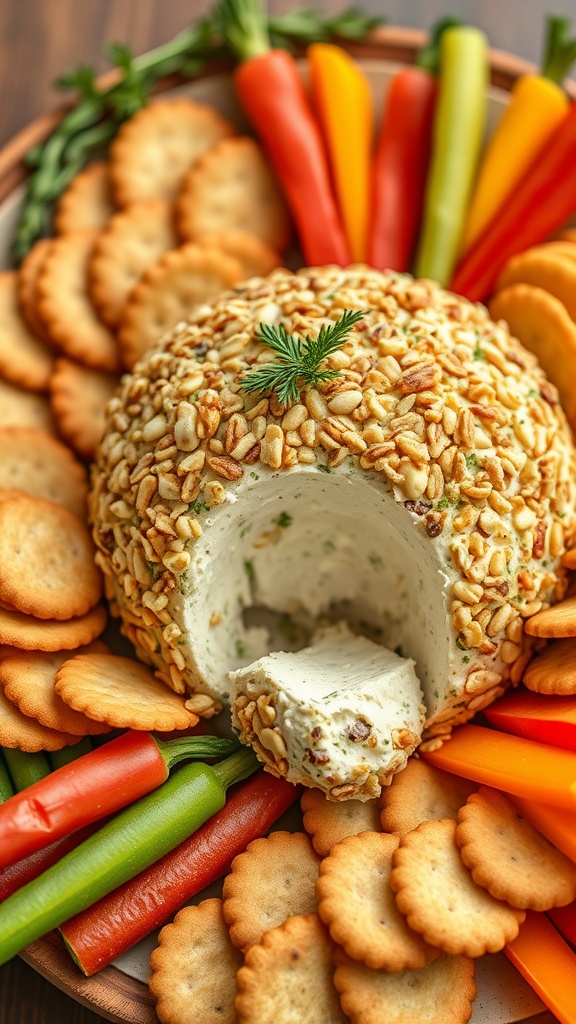 A savory cheese ball coated in nuts, with crackers and vegetable sticks for dipping, on a rustic platter.